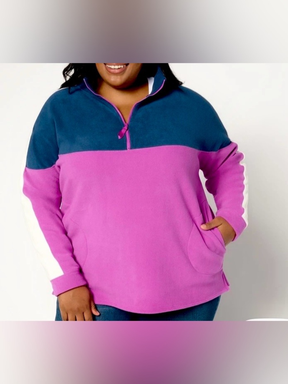 New QVC Belle By Kim Gravel Tricolor Block Fleece 1/2 Zip Pullover / Large